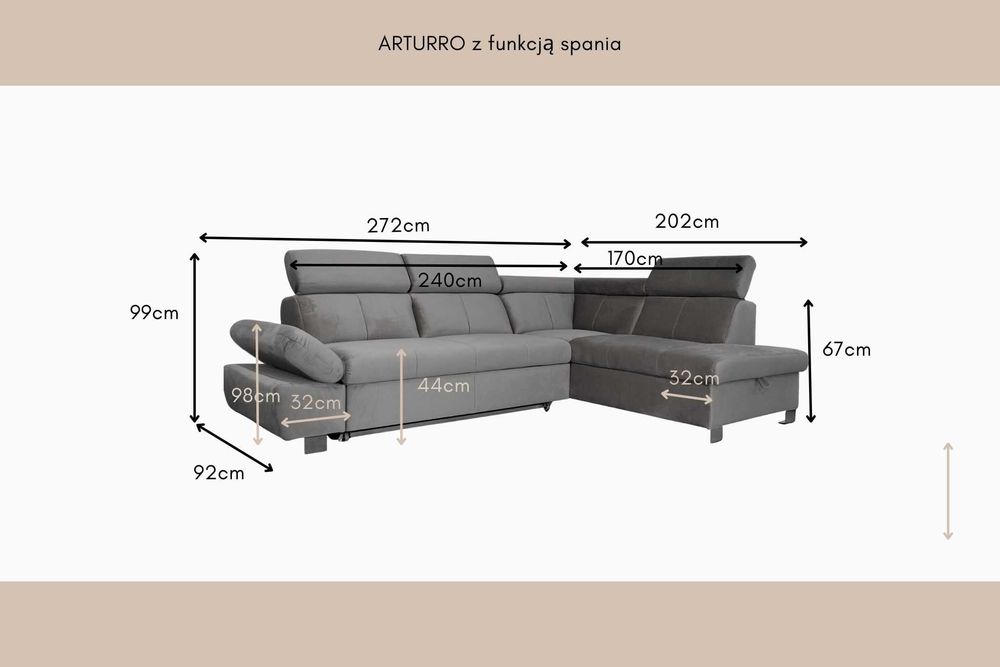 Narożnik Arturro z funkcja spania oraz pojemnikiem