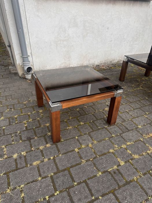 Stolik kawowy ze szklanym blatem mid century w stylu Pierre Vandel