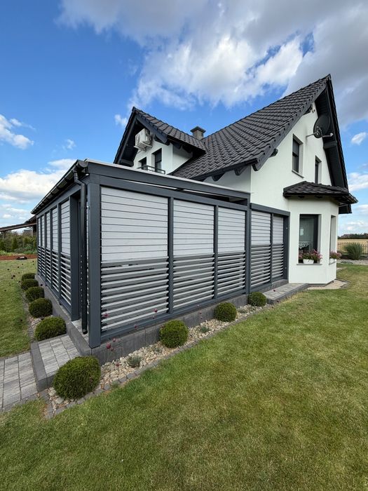 Zadaszenie tarasu z drewna • pergola • poliwęglan • blachodachówka