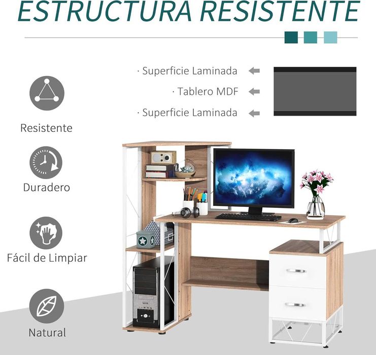 Secretária / Mesa de computador PC com Estante e Gavetas - Nova