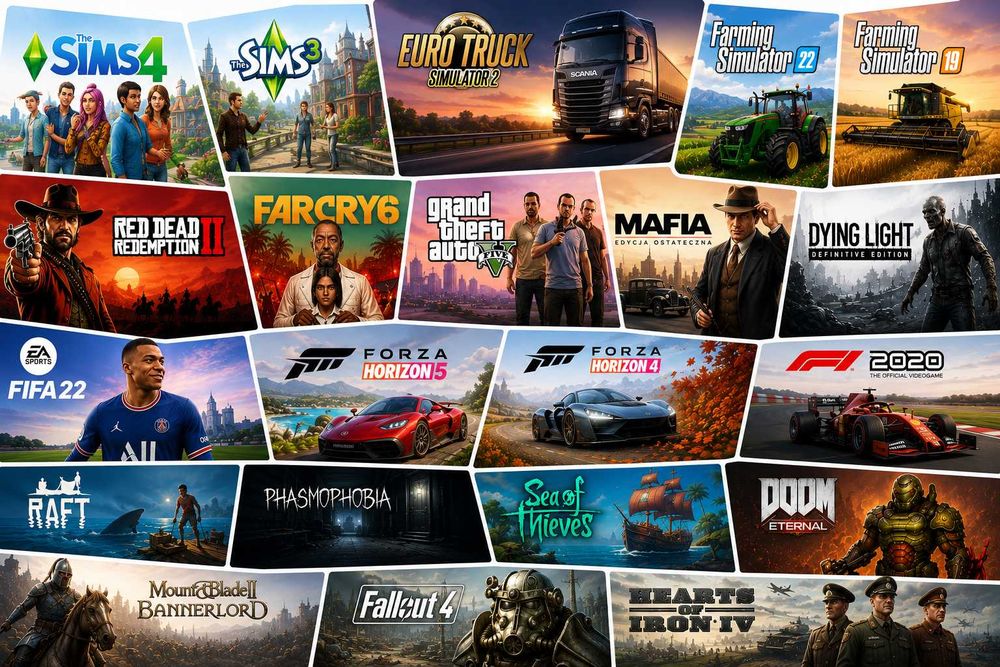 Zestaw Hitowych Gier PC - The Sims 3, The Sims 4, Dying Light, Fallout 4, Teardown, SnowRunner DOOM Call Of Duty Mount & Blade Sea Of Thieves Mafia