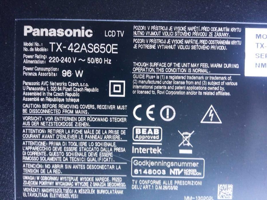 Telewizor PANASONIC TX-42AS650E zasilacz, płyta główna, logika - części.