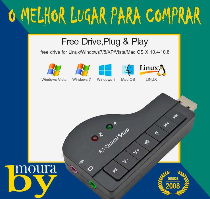 Adaptador de áudio placa de som externa USB 8.1 canais para 3,5 mm