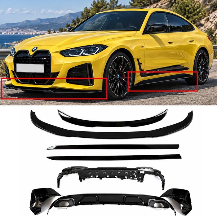 Комплект обвеса M performance для BMW 4 G26 Губа переднего бампераЛезвия на пороги, Диффузор ,Спойлер. Тюнинг сплиттер БМВ Г26