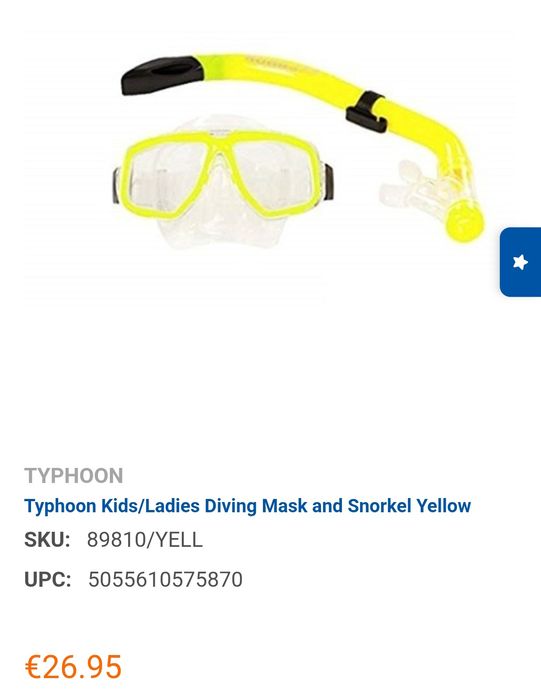 Очки Маска Трубка для плавания дайвинга для бассейна детская Typhoon