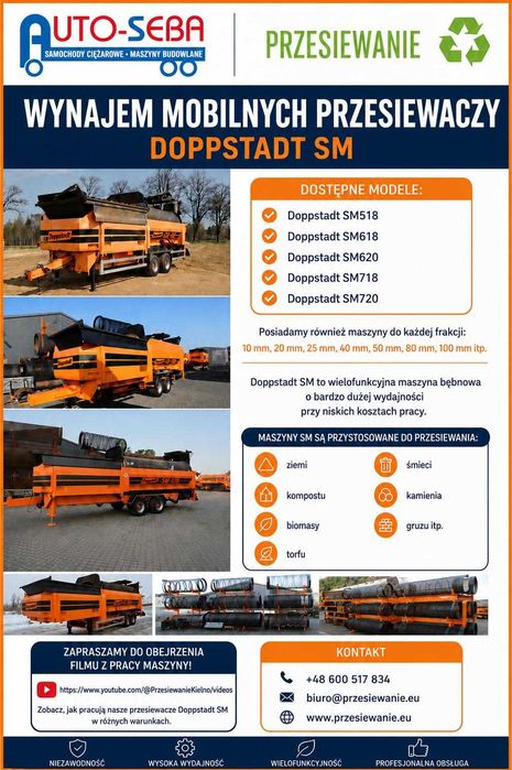 Wynajem mobilnych przesiewaczy bębnowych Doppstadt SM518 | SM618 | SM620 | SM718 | SM720