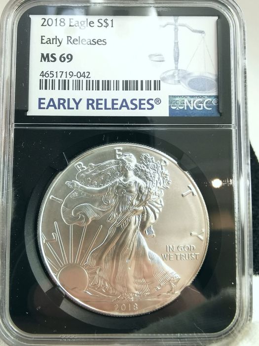 США 1 долар 2018р. Американський срібний орел! СРІБЛО. Слаб NGS MS69