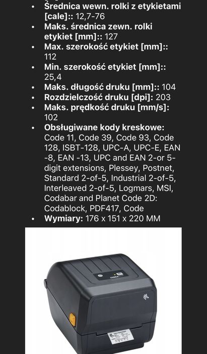 Drukarka zebra termotransferowa +2 nowe rolki kalki