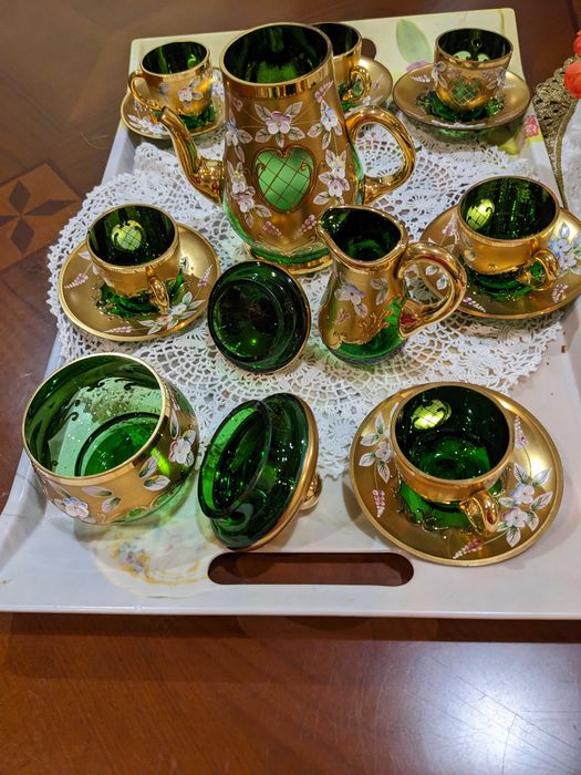 Хрусталь Богемия лепка кофейний сервіз зелений  на 6 персон