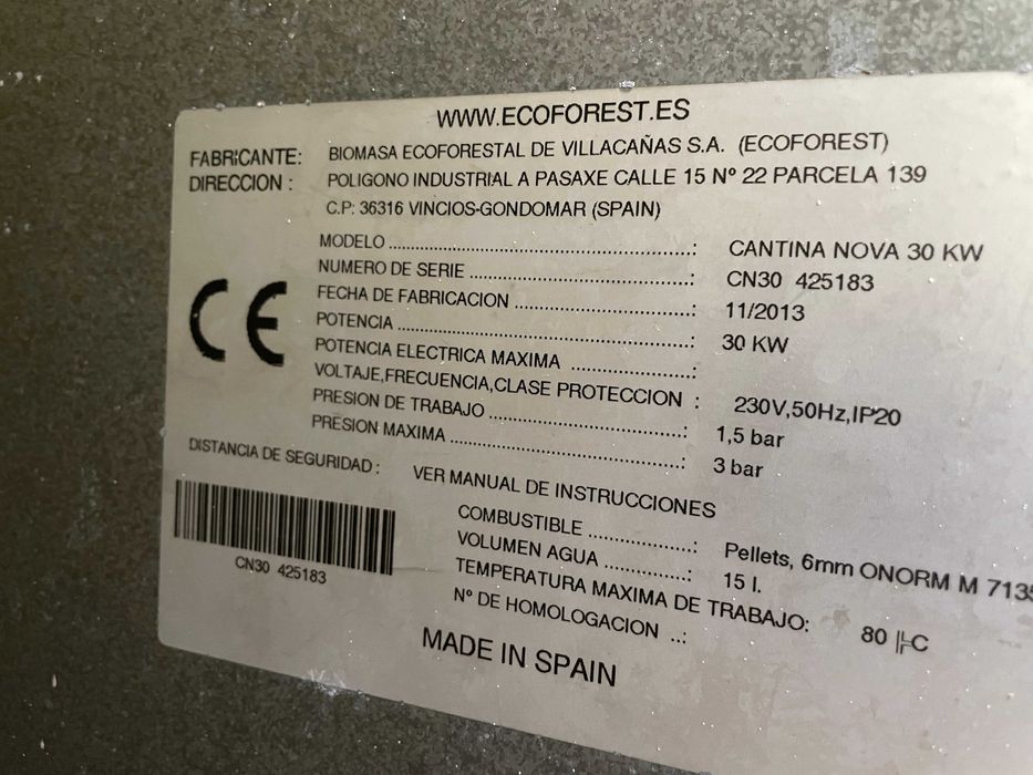 Caldeira a Pellets Cantina Nova 30 kw - Ecoforest