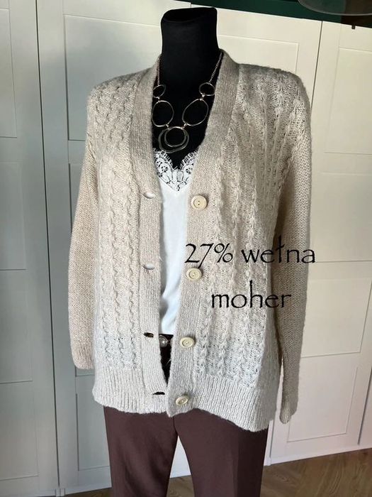 Kremowy beżowy kardigan z dodatkiem wełny moher rozmiar 42 XL