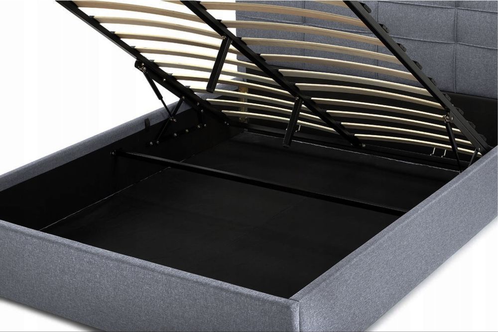 Szare łóżko tapicerowane z pojemnikiem 160x200