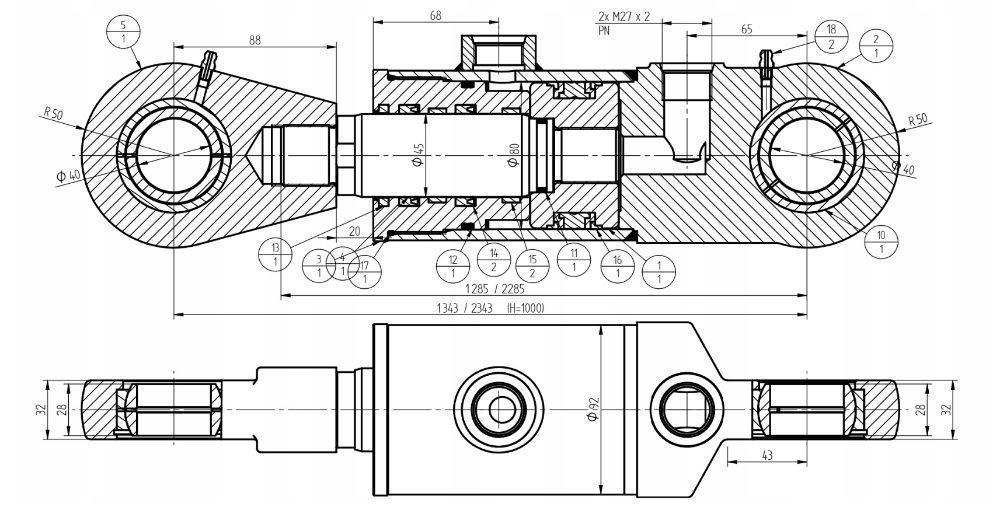 Siłownik Hydrauliczny 80x45 Skok 1000 + Mocowania [7082]