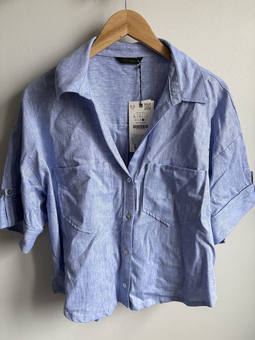 Niebieska lniana koszula damska L Zara