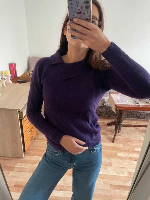Fioletowy sweter damski EWM S | wełna lambswool angora