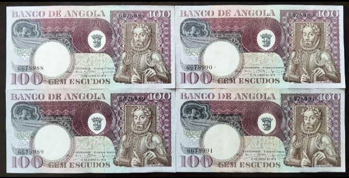Lote 4 Notas Angola 100$ 1973 Camões Novas/Números Seguidos