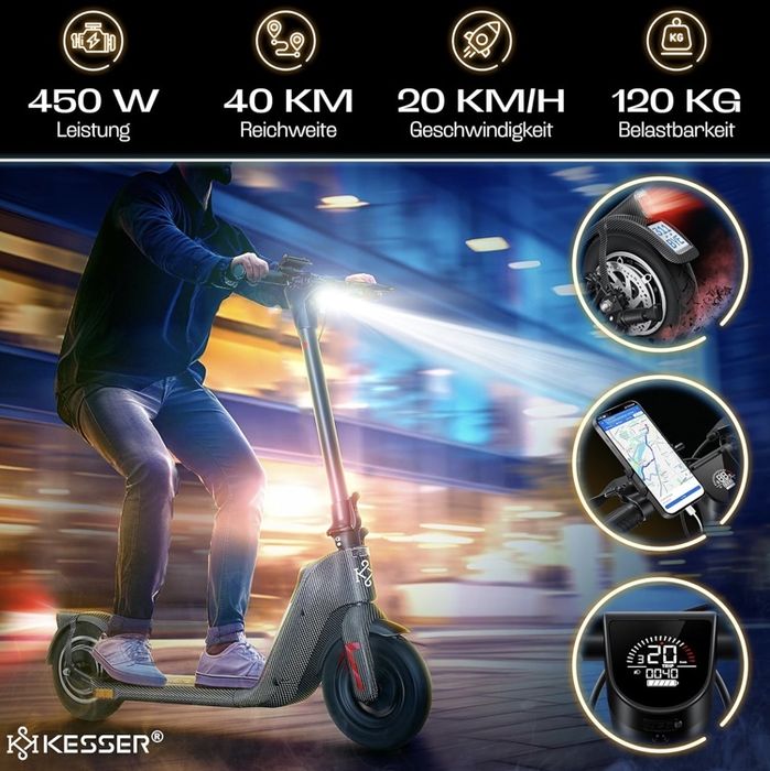 Hulajnoga elektryczna KESSER e-scooter 40 km 120 kg 20 km/h koła 10"