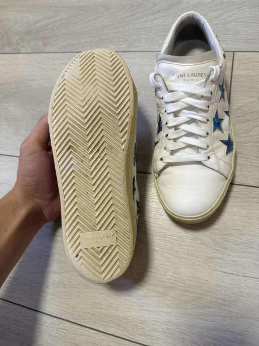 кеди saint laurent 37  | Saint Laurent White/Blue Leather And Glitter Court Classic California Sneakers Size 37