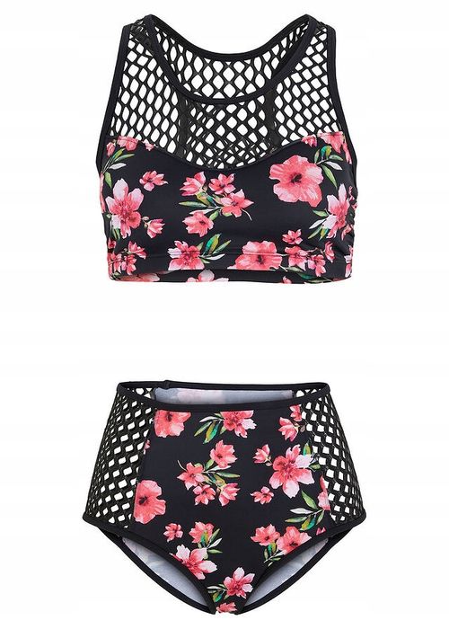 B.P.C. czarne bikini w kolorowe kwiaty i ażurowe wstawki ^42