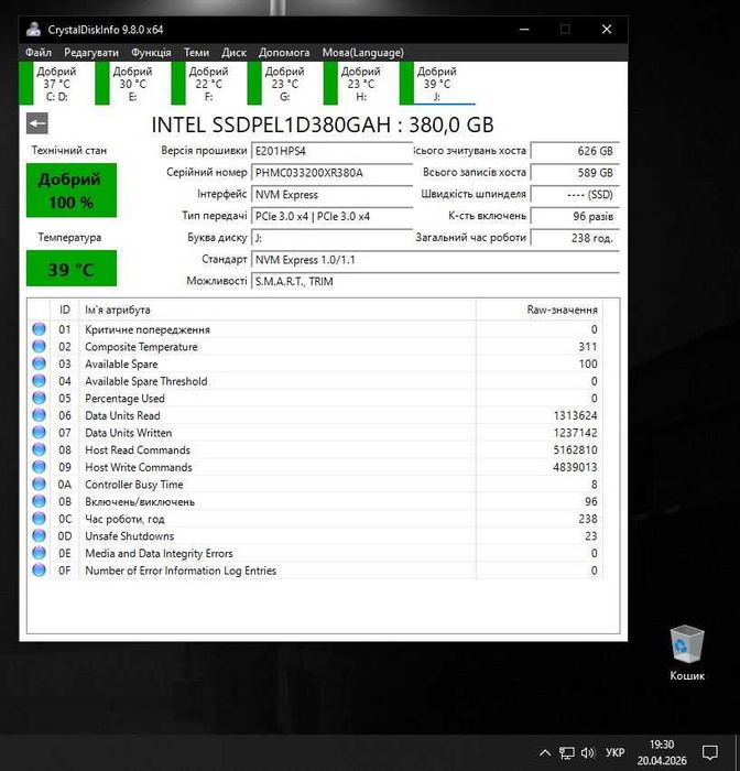 Диск SSD Intel Optane 905P 380Gb m.2 22110