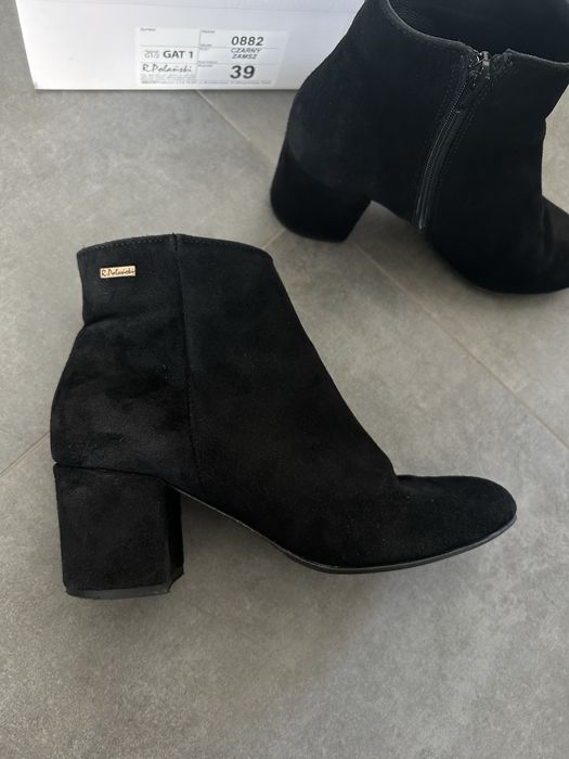 Botki Kozaki R. Polański 39 Skórzane Zamsz Skóra Czarne Obcas Słupek