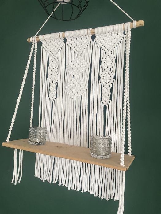 Makrama biala polka 50 cm drewno