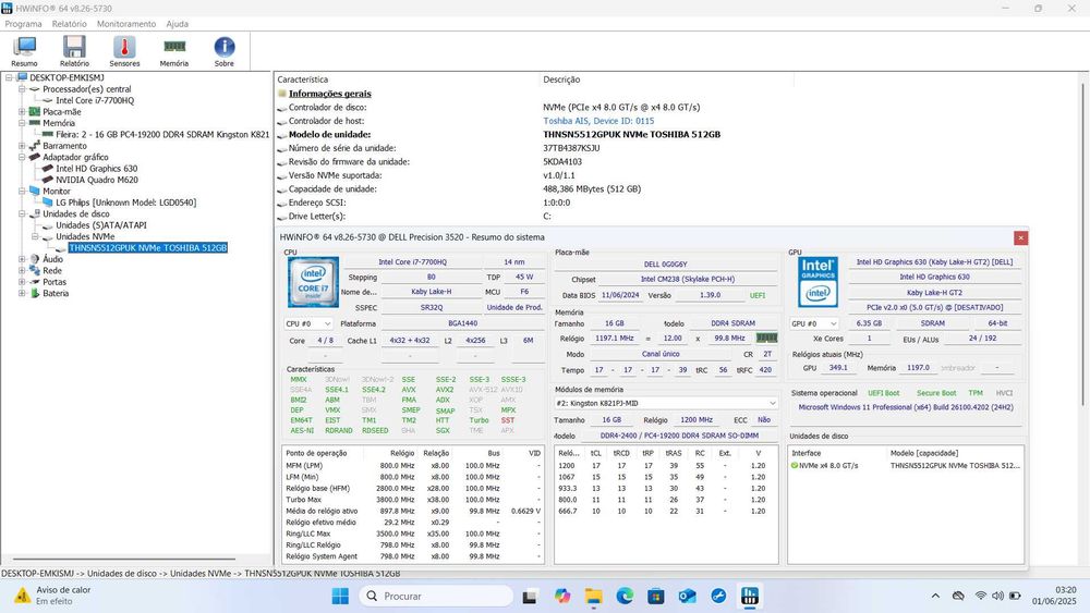 Portatil Dell Precision 3520 i7-7700HQ/16GB RAM/512GB NvME/Win11Pro