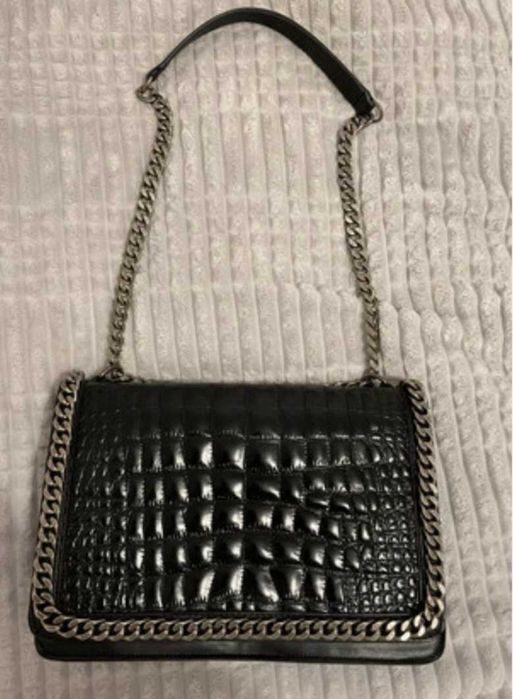 Skórzana torba torebka Zara skóra naturalna z grubym łańcuchrm czarna