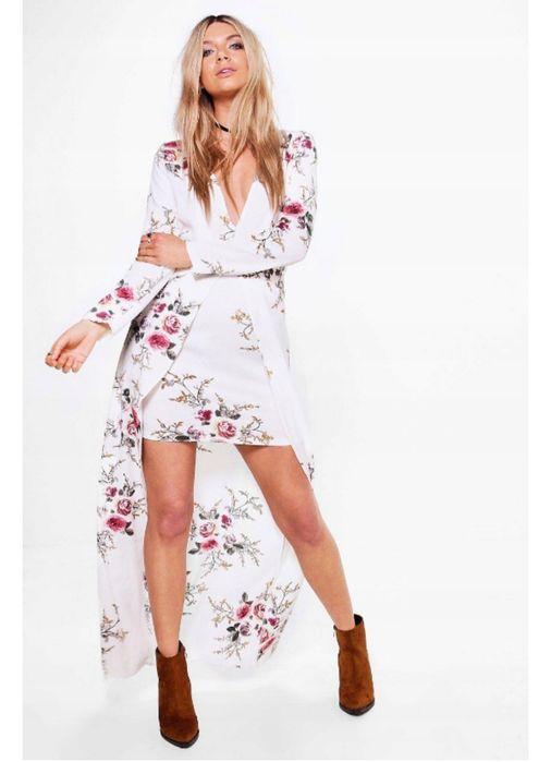 Sukienka kremowa w  kwiaty maxi mini Boho