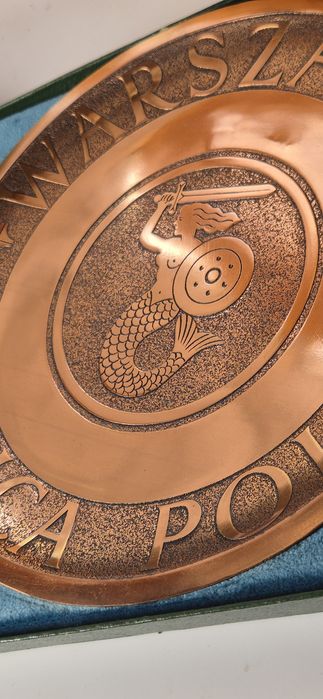 Cepelia PRL mosiężny talerz okazjonalny Warszawa w oryginalnym etui