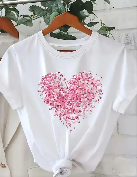M bluzka biala damska koszulka z sercem różowym t shirt