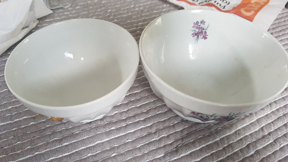 Tigelas porcelana louca francesa longchamp e chicara de vidro pintada