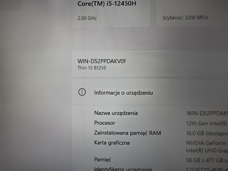 Laptop gamingowy msi thin 15 b12ve