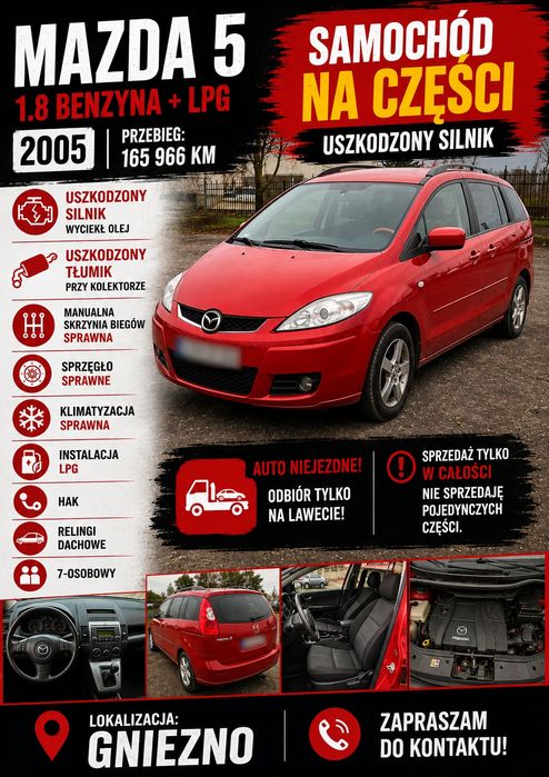 Sprzedam samochód marki Mazda 5 w całości na części