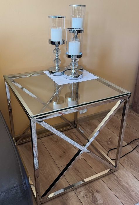 Szklany chromowany stolik kawowy 120cm