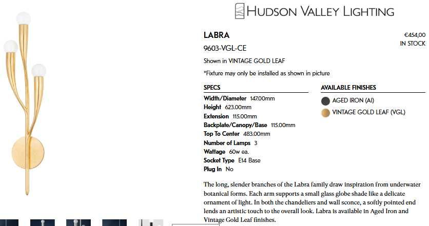 Hudson Valley Lighting. NOVO LABRA 9603-VGL-CE Parede 3 luzes