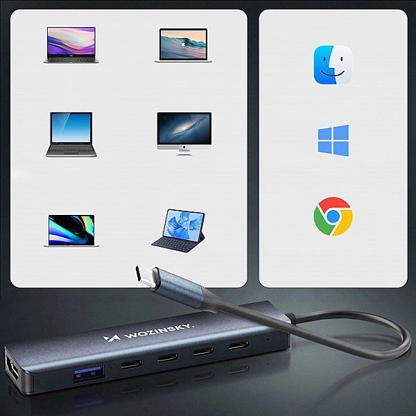 Hub USB-C 6 w 1 Wozinsky WHBC10Y4S wielofunkcyjny, aluminiowy, z kable