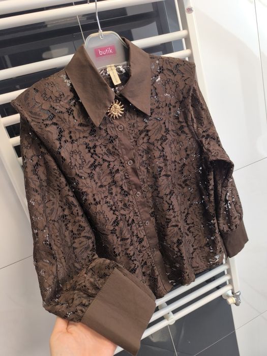 Elegancka koronkowa koszula w czekoladowym brązie  | L/40 | jak nowa