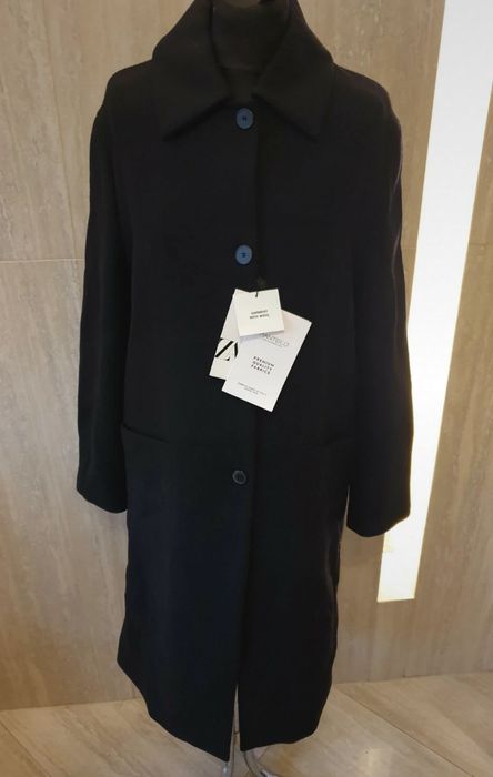 zimowy płaszcz wełniany czarny elegancki wełna manteco 75% M zara
