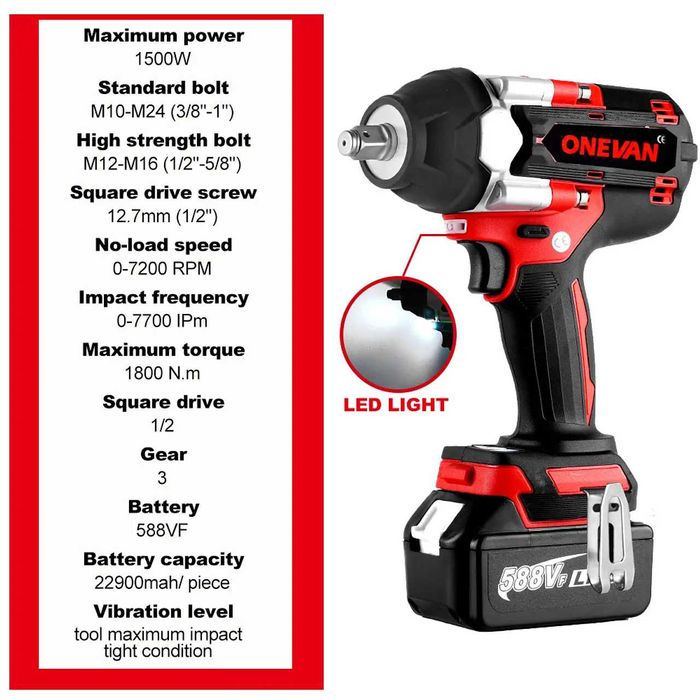 D20-Chave impacto s escova 1800 NM de onevan 1/2 compativel makita 18v