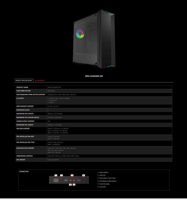 Caixa, Tower, PC Case - NOVA - MSI MPG GUNGNIR 100