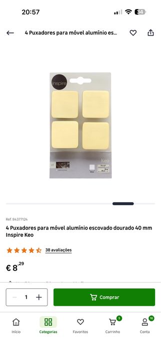 Puxadores de movel quadrado dourado (4 unidades)