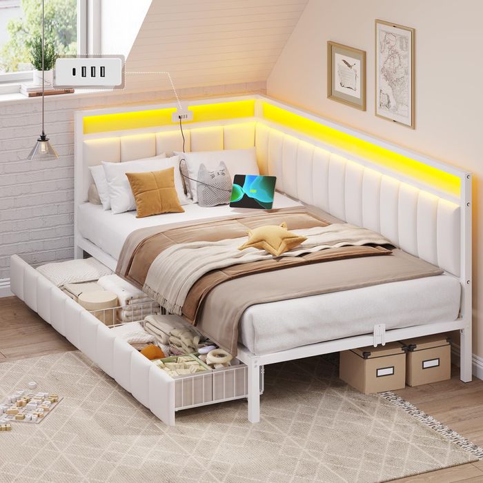 Łóżko sofa 90x200 cm LED – z szufladami, USB, beżow