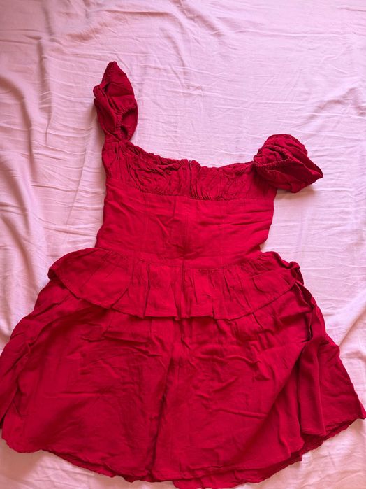Vestido My Dearest Vermelho Framboesa Novo Tamanho S My Dearest Raspberry Red Off-Shoulder Linen Blend Dress