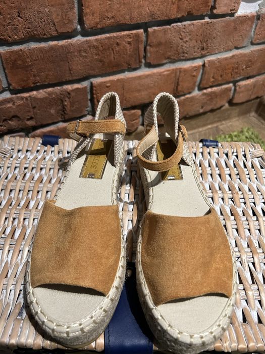 Bestelle nowe buty espadryle sandaly koturn platforma musztarda