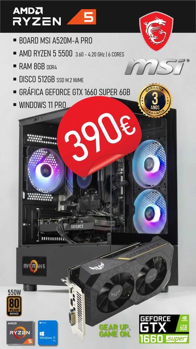 Computador Gaming MSI Ryzen 5 5500 / A520 / 8GB / GTX 1660 SUPER (NOVO)