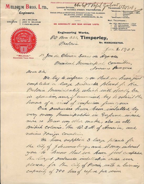 MOÇAMBIQUE - Proposta de aquisição de incineradora - Carta antiga de 1908 - Acompanha livro THE BOOK OF THE DESTRUCTOR