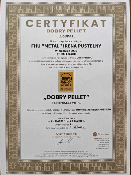Pellet sosnowy Jasny 6 Certyfikat A1