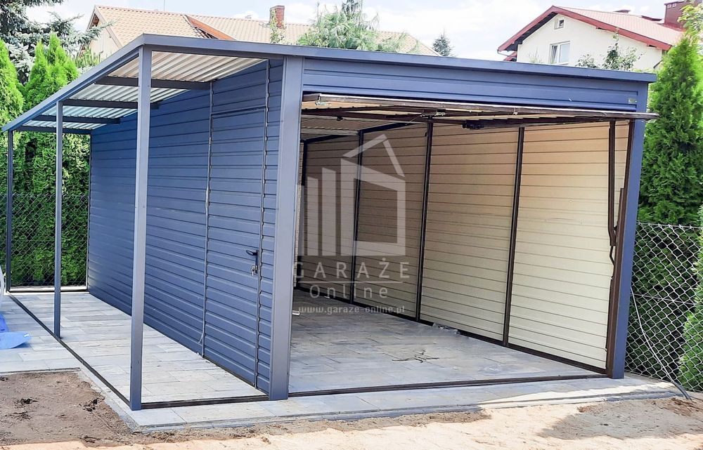 GARAŻ BLASZANY 3x5 + wiata 1m. spad tył - Brama antracyt grafit ID162
