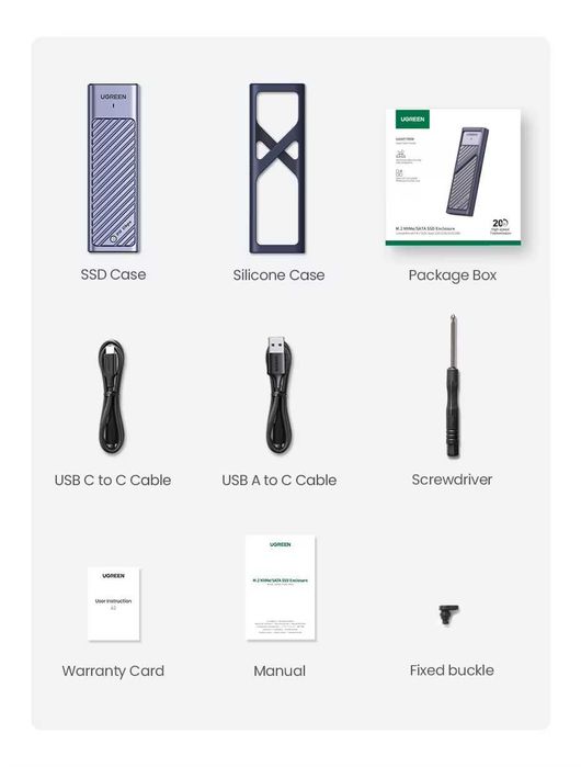 Внешний карман UGREEN CM559 20Gbps M.2 NVMe/SATA SSD to USB3.2 Gen2